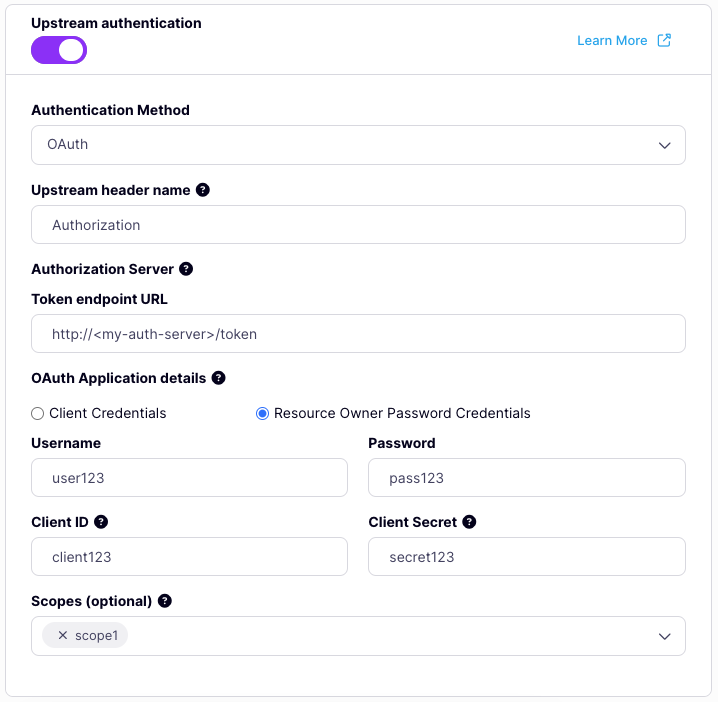 Tyk OAS API Designer showing Upstream OAuth password grant configuration options